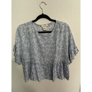 Floral Coquette Peplum Blouse Size L Pastel Blue/White, Ruffle, Soft Girl